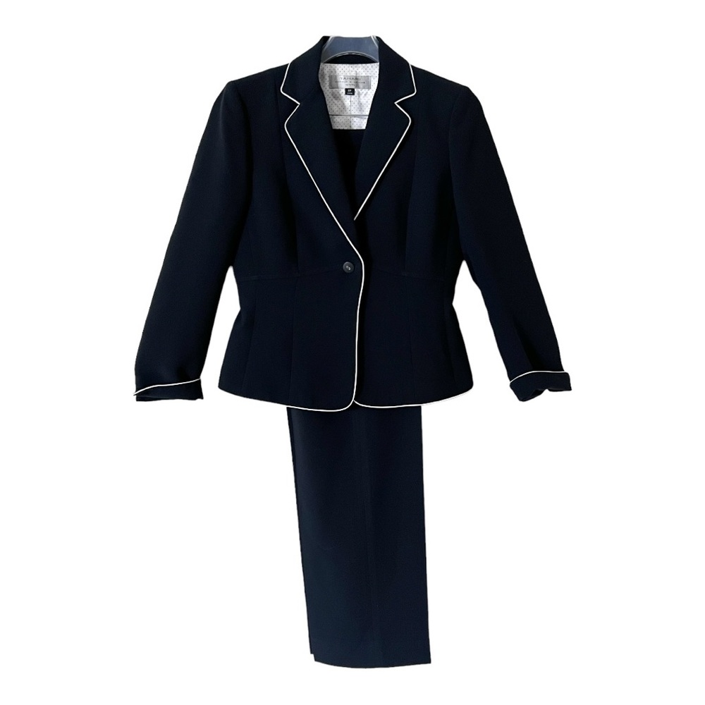 Tahari Navy Blue Blazer & Skirt Set with White Piping